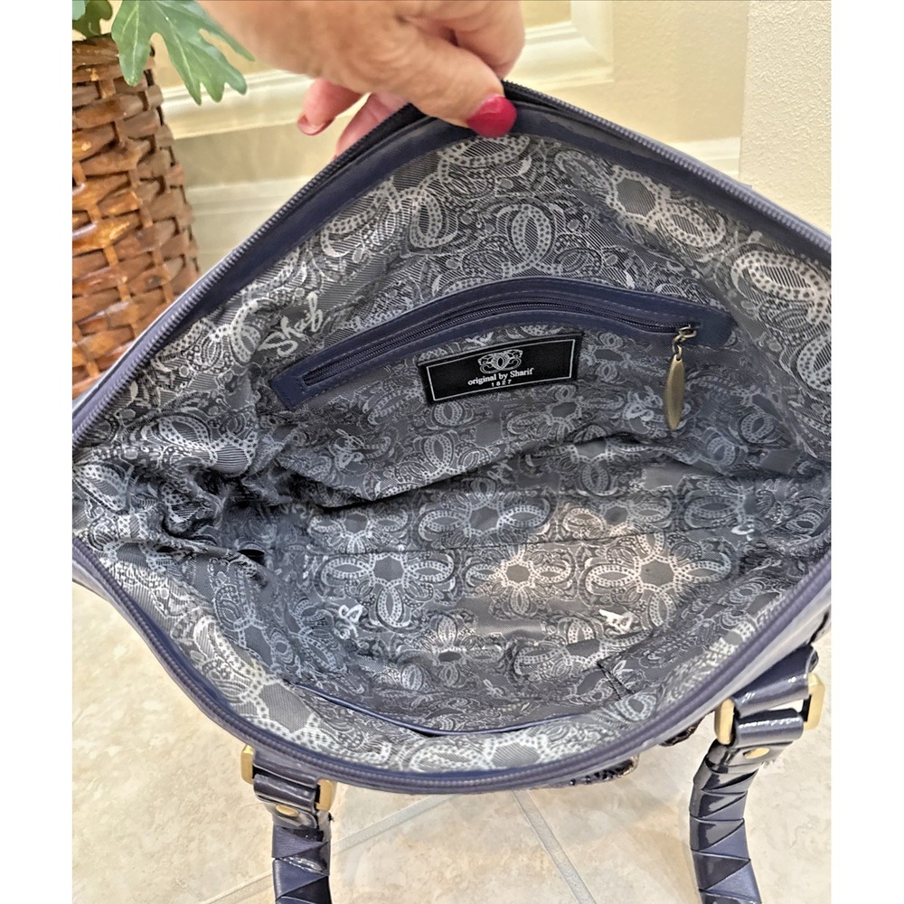 Sharif 1827 Navy Blue Leather Shoulder Bag Purse Faux Snakeskin Purse Preppy - Picture 11 of 14